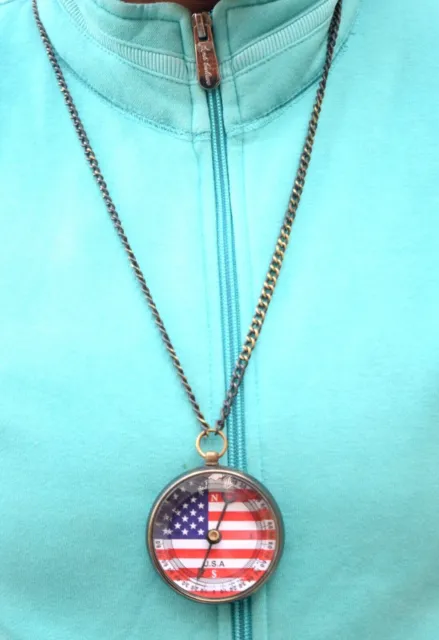 Handmade Brass Compass "I LOVE USA" with Wooden Box Beautiful Compass Gift