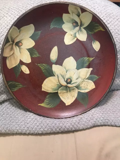 VTG WOODEN FLORAL HAND PAINTED BOWL Large!