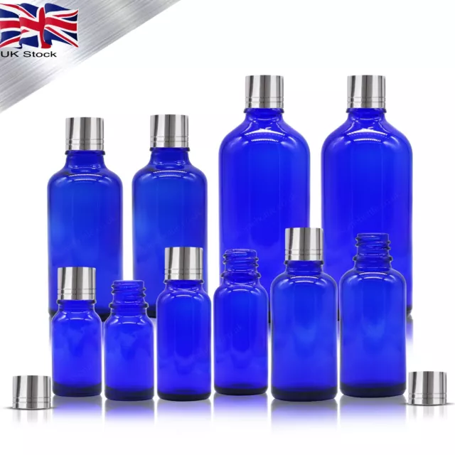 Cobalt BLUE GLASS Bottle with Silver Aluminium Cap Wholesale Bulk Glass Bottle