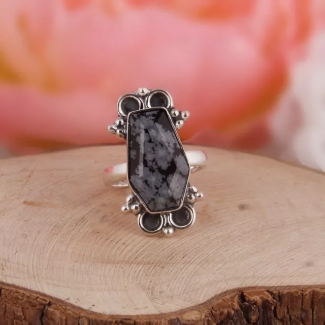 Snowflake Obsidian Gemstone Engagement Coffin Ring 925 Sterling Silver Color