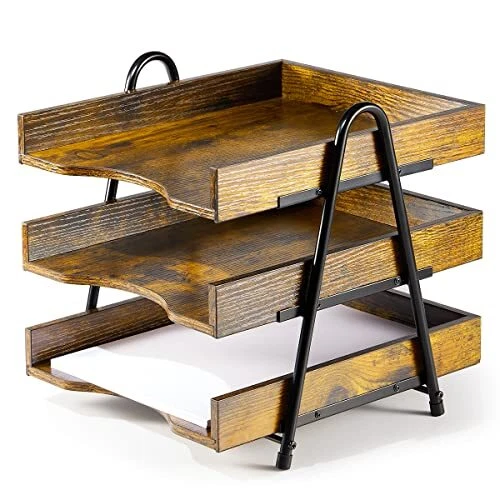 Wood Desk Organizer, Wood Letter Tray Organizer, 3-Tier Wood Paper Tray, Retro