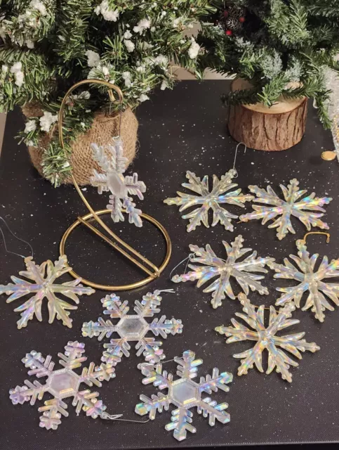 Lot 10 Acrylic Clear Hard Plastic Snowflake Christmas Ornaments Iridescent 3½"