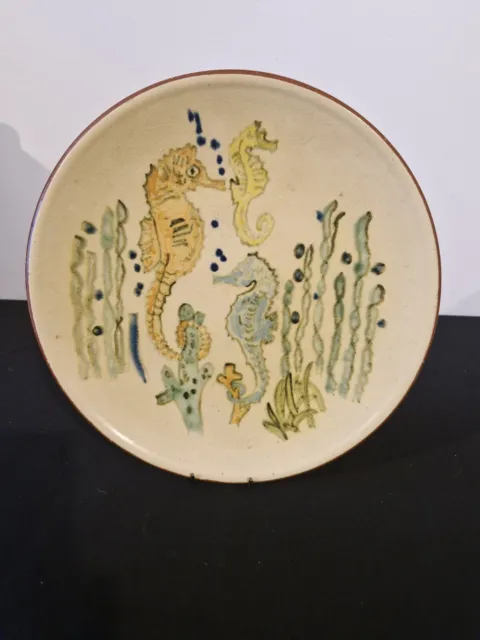 Studio Pottery Earthenware Charger / Shallow Bowl 32cm Slipware Incised Seahorse