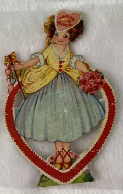 Vintage Valentine Greeting Card Die Cut Pretty Girl With Flowers And Heart Cover
