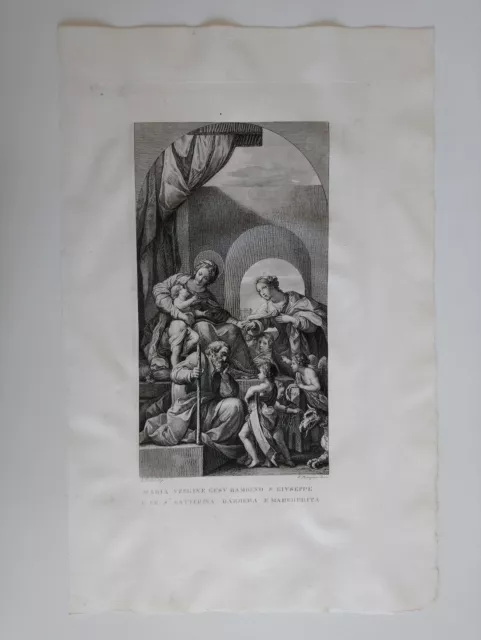 1830 Grabado Maria Virgen con Niño San José Santa Caterina MArgherita cm. 47x30 2