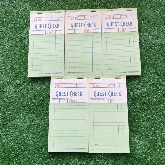 Lot of 5 Vintage Guest Check Receipt Book Numbered Pages  Mint Green