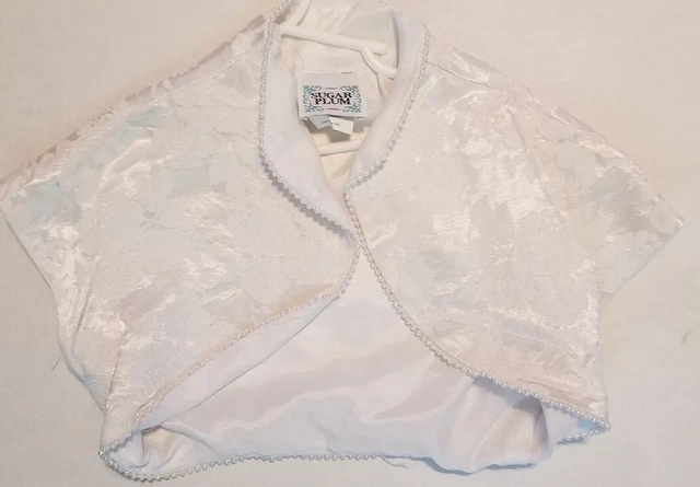 Girls Size 8 Sugar Plum White Jacket Cover up Bolero Vtg Faux Pearls Trim Floral