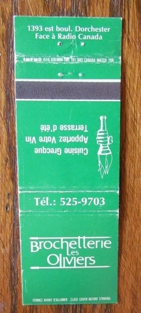 Greek Restaurant Matchbook Matchcover: Les Oliviers (Montreal, Quebec) -E8