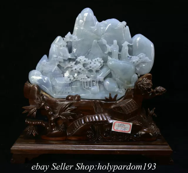 11.4" Chinese Natural ice Emerald Jade jadeite Mountain Tree Human Statue FC