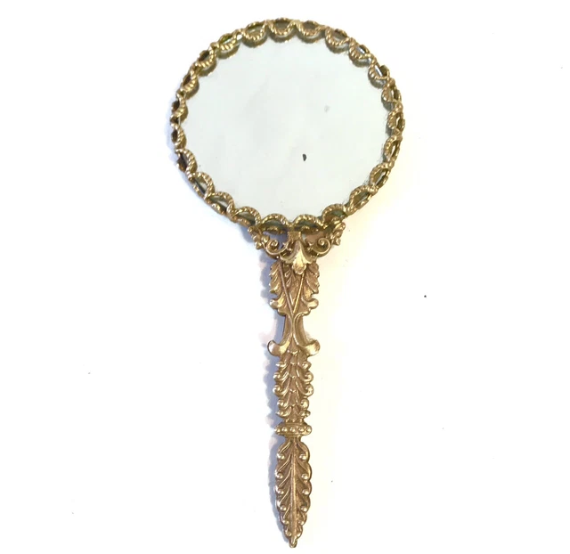Ancien XIXe Petit Miroir Face A Main Dos Broderie Florale Au Petit Point