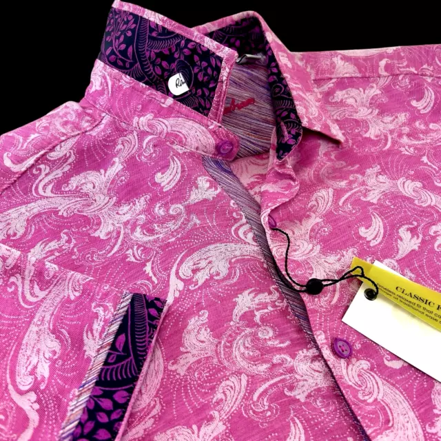 Robert Graham Geometric Floral Paisley Linen Blend Magenta Short Sleeve Shirt XL