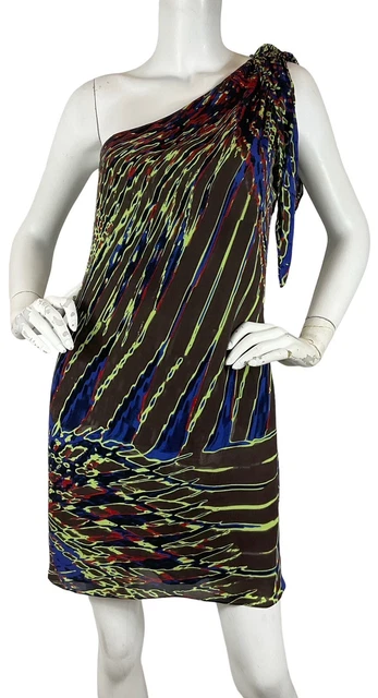 Halston Heritage Silk One Shoulder Mini Sheath Dress Sash Shoulder Lined Sz 4