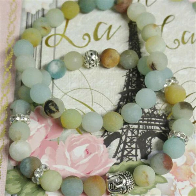 2pcs 8mm Amazonite Gemstone mala Bracelet 7.5 inches Buddhism Yoga Energy Sutra