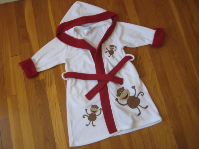 Company Store Kids white red monkey BATH ROBE fleece hooded XS 2 3 4  2T 3T 4T