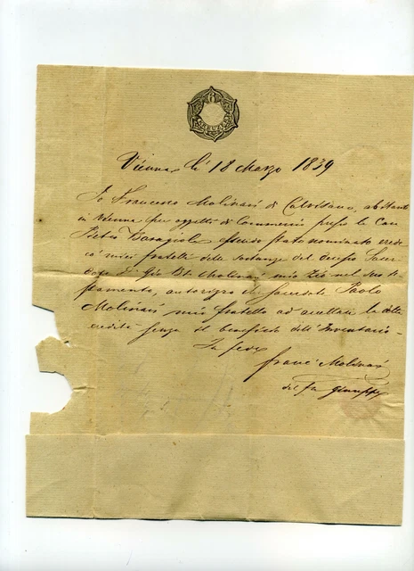 1839 CARTA BOLLATA 6 KREUZER spedita da VIENNA a BRESCIA++CROCE SANT'ANDREA-C87