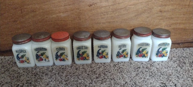 Vintage 8 SPICE SHAKER SET Milk Glass Jars Textured sides Vintage 8 SPICE SHAKER SET Milk Glass Jars Textured sides