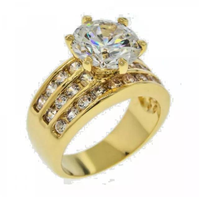 CZ ring 18kt yellow gold 3 row large center stone engagement sz 8 9 10 NWT