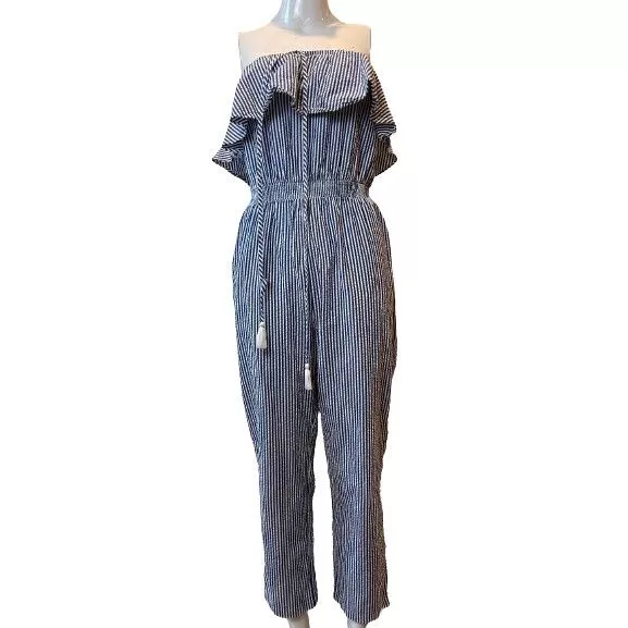 J. Crew Womens Seersucker Jumpsuit Striped Off Shoulder Ruffle White Blue Size S 2