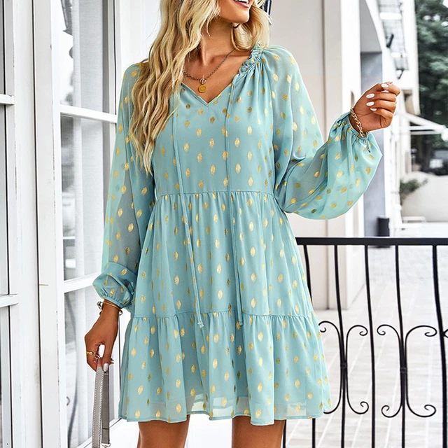 (L)Womens Fashion Dress A Flowy Work Dress With A VNeckline And Long Journeys