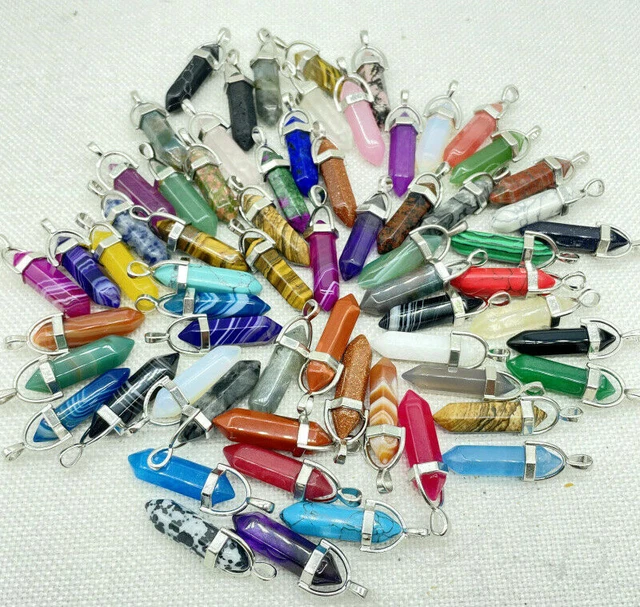 Wholesale 100pc Natural Mixed Stone Pendants Hexagonal Pillar Pendulum Necklaces