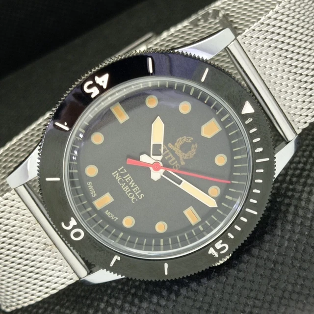 40MM VINTAGE TITUS WINDING SWISS MENS TURNABLE BEZEL BLACK WATCH 583e-a307074-3