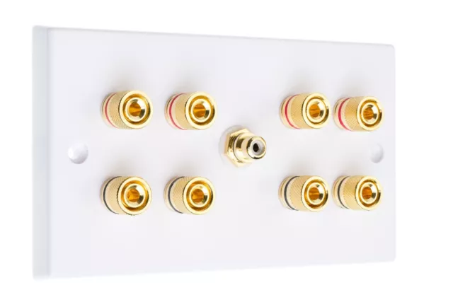 White 4.1 Surround Sound Speaker Wall Plate with Gold Binding Posts + 1 RCA