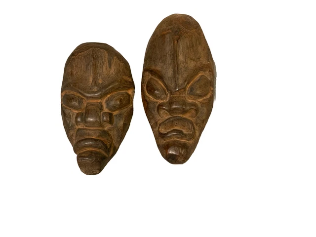 Vintage African Tribal Hand Carved Wood Face Mask Pair