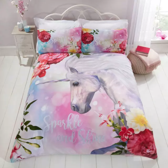 Unicorn Duvet Covers Sparkle & Shine Floral Easy Care Quilt Cover Bedding Sets