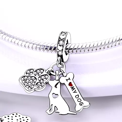 Pandora Art Anhänger I love my dog Charm Sterlingsilber 925 6 Hund Knochen Pfote