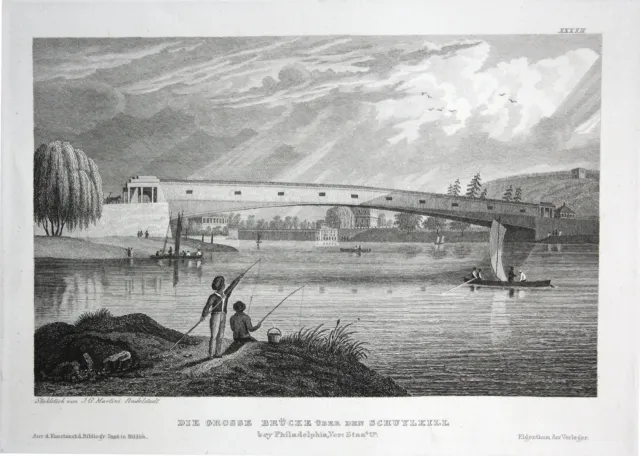 Schuylkill River Brücke Philadelphia Pennsylvania Ansicht Stahlstich engraving
