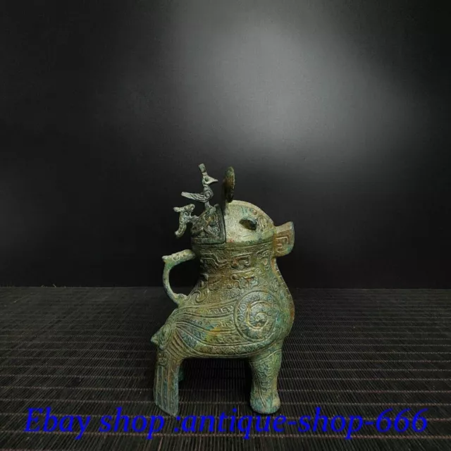 Old Chinese Shang Zhou Dynasty Bronze Ware Phoenix Beast Zun  Wine Vessel Pot