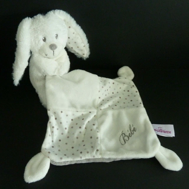 C. Doudou Peluche Pommette Lapin Blanc Mouchoir Gris Pois Bebe - Etat Neuf 2