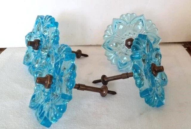 Curtain Tie Backs Set FOUR Aqua Blue Victorian Flower Glass Hardware 2