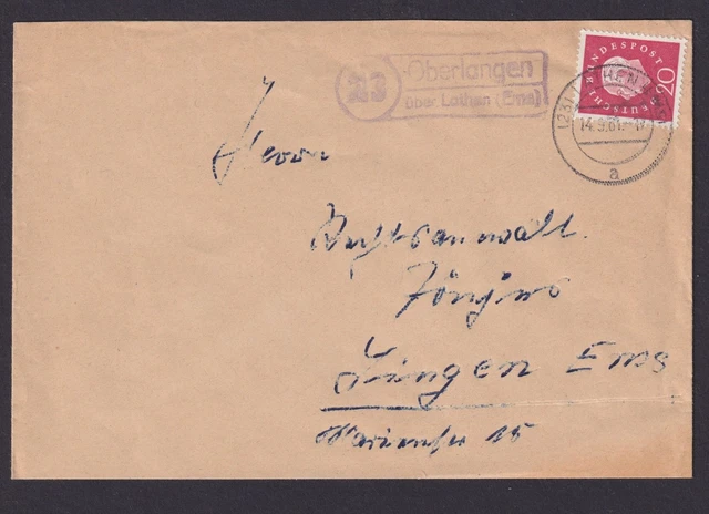 Bund Brief EF 20 Pfg. Heuss Landpoststempel Oberlangen über Lathen Ems nach