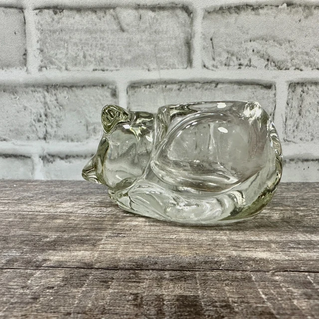 Avon Clear Glass Sleeping Cat Tea Light Votive Candle Holder Kitten Paperweight