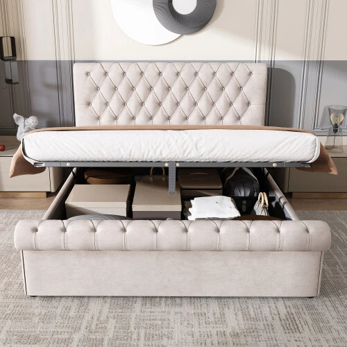 DOUBLE BED 4FT6 Ottoman Gas Lift Storage Bed Velvet Upholstered Bed