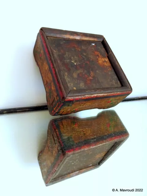 Tibetan Box Carved & Painted Wooden Ritual Spice Box II 19th Century #