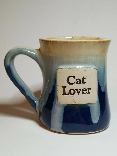 Beautiful Hand Made Art Pottery Cat Lover Large Coffee Mug Blue w/Taupe Drip