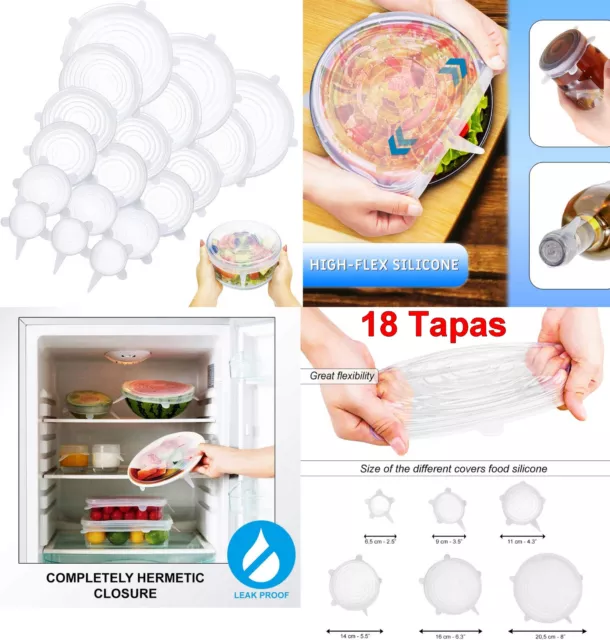 18 Tapas de silicona flexibles elasticas,reutilizables, libres de BPA,ajustables
