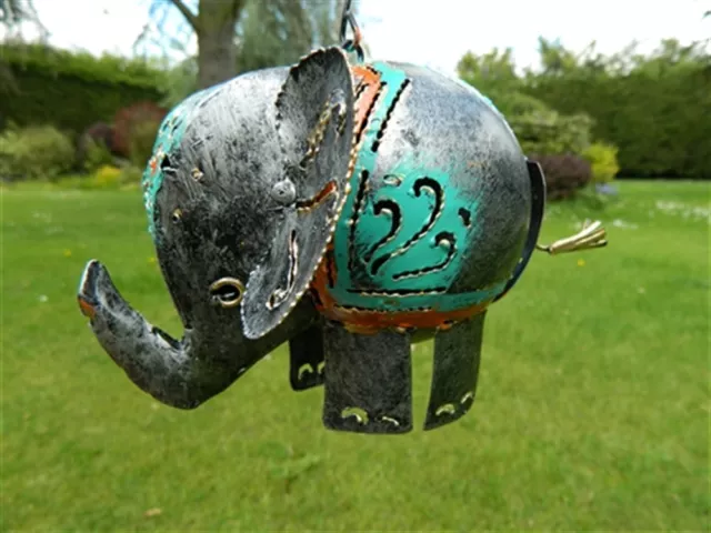 Metal Elephant Garden Ornament Hanging Tealight Candle Holder - Silver Elephant