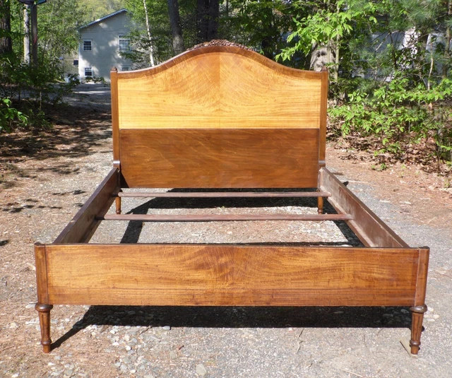 Antique French Louis XVI Style Crotch Maple Walnut Full Double Size Bed Frame