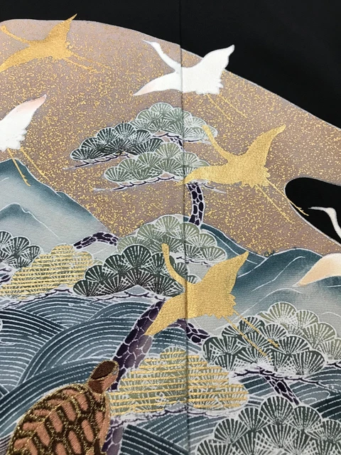 @@ Vintage Japanese kimono silk fabric/ tomesode black/ 鶴亀 C2