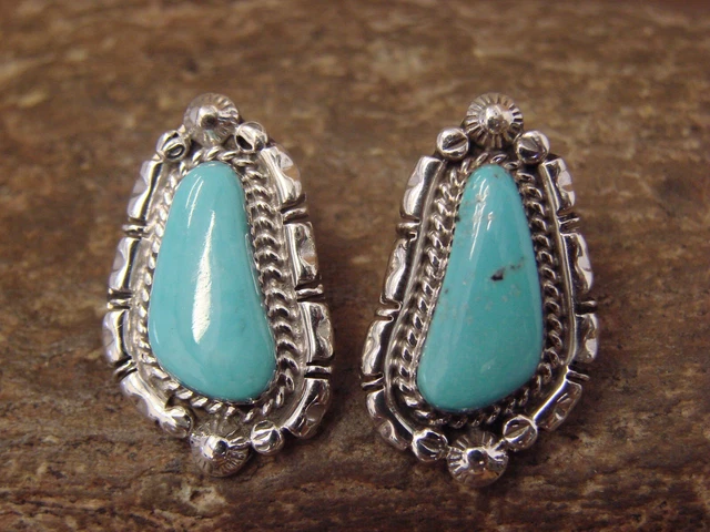 Navajo Indian Sterling Silver & Turquoise Post Earrings by Spencer