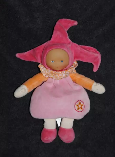 Peluche Doudou Poupée Rose COROLLE 2011 Bras Orange Etoile Grelot Hochet TTBE