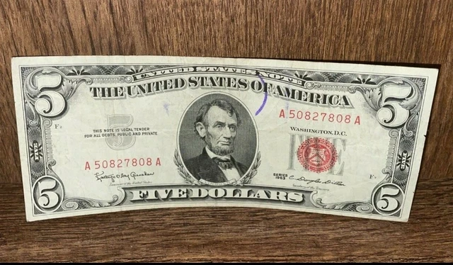 1963 Five Dollar Bill $5 Red Seal United States Note Old U.S. Currency