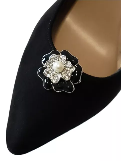 Bridal Wedding Prom Rhinestone Floral Design Black Silver Shoe Clip Jewelry