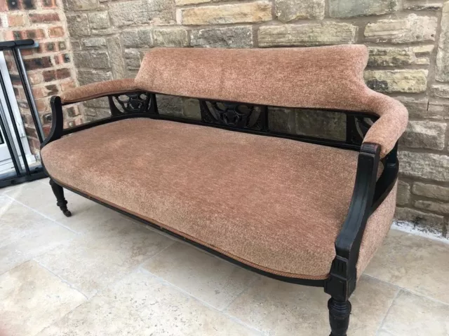 Antique settee sofa and chair. Beige. Upholstered with original horse hair.