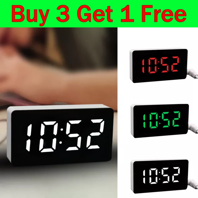 USB Digital Electronic Mirror Alarm Clock LED Night Light Bedside Wall Mini UK