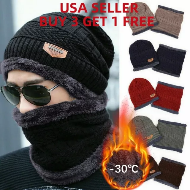 Mens Womens Winter Beanie Hat Scarf Set Warm Knit Hat Thick Fleece Lined Cap