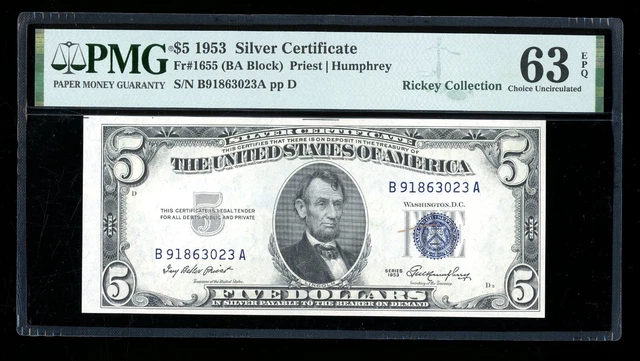 DBR $5 1953 Silver Fr. 1655 BA Block PMG 63 EPQ Serial B91863023A